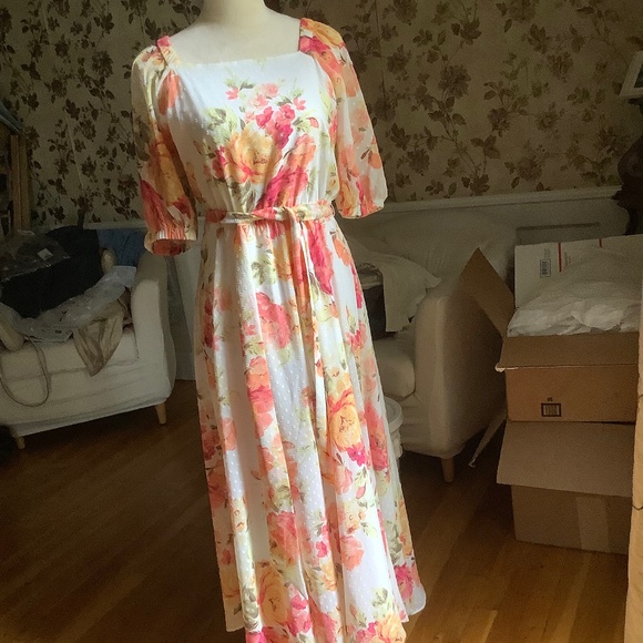 Anne Klein Swiss Dots Floral Midi Dress US Size M - Picture 1 of 8